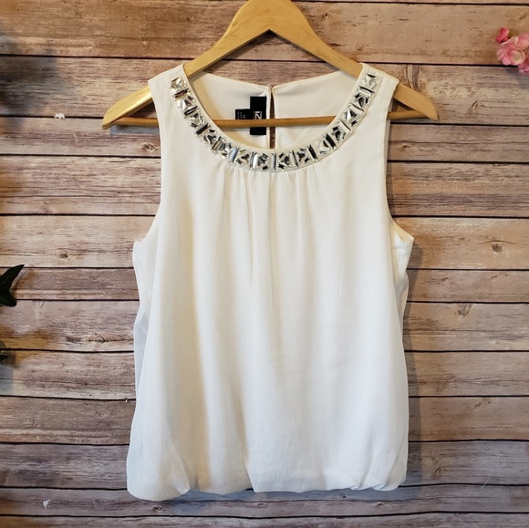Iz Byer Tops - 🌿Iz Byer White Shimmer Jeweled Blouse Size M 🌿